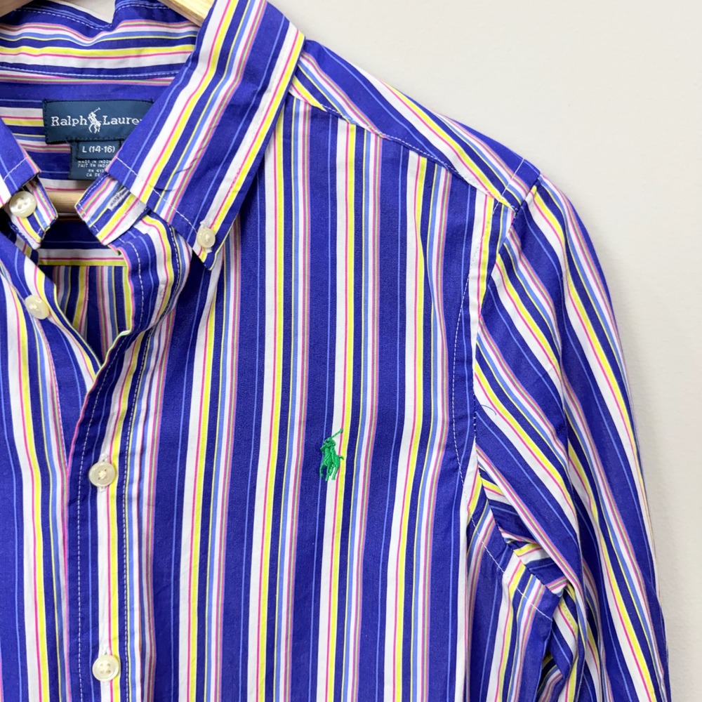 Ralph Lauren Boys Size L 14-16 Button Down Shirt Blue Yellow Pink Striped Pony